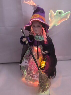 Fiber Optic Motion Witch Sweeps Broom Halloween Decor Ghost Purple Doll Girl